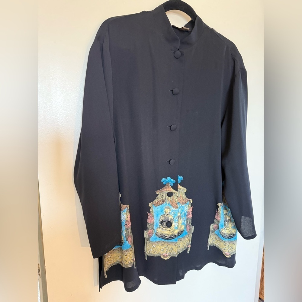 Harari 100% Black Silk Mandarin Collar Top with Blue Buddha Print in Size 0X - Picture 2 of 8
